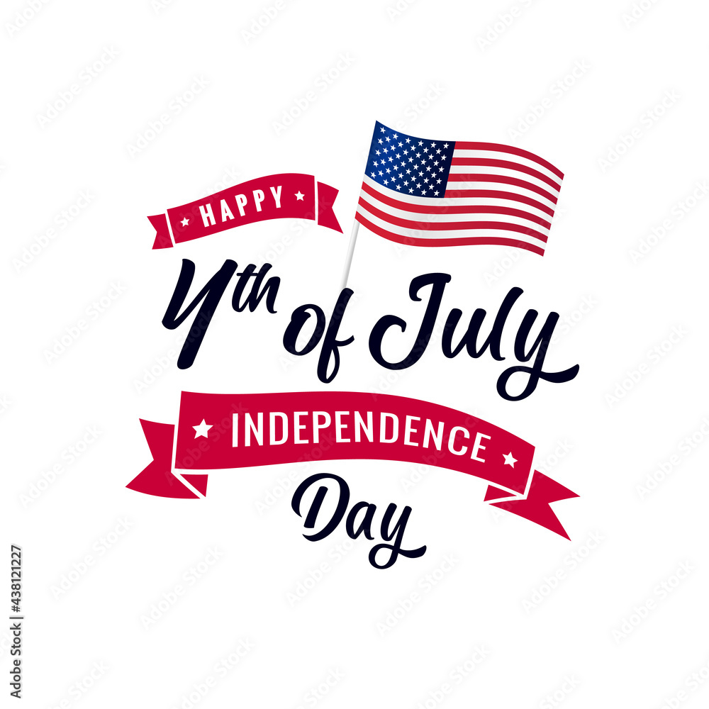 4th of July calligraphy red ribbon and USA flag. Fourth of July background - American Independence Day vector illustration