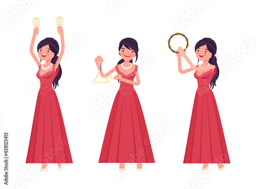 Musician  elegant evening dress woman playing professional percussion instruments. Classical music event  concert  party performance. Vector flat style cartoon illustration isolated  white background