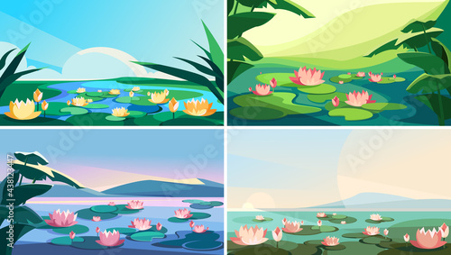 Set of landscapes with blooming lotuses. Beautiful natural sceneries.