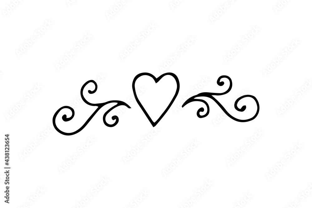 Heart with curls. Doodle. Vector. Drawn by hand. Black and white outline. Silhouette. Coloring.