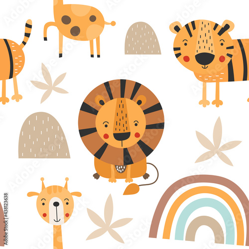 Safari animals seamless repeat kids pattern. Wallpaper design for baby room. Cute lion, tiger, giraffe on white background.