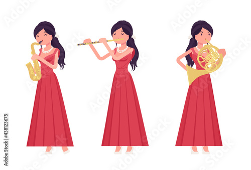 Musician, elegant red evening dress woman playing professional wind instruments. Classical music event, concert, party performance. Vector flat style cartoon illustration isolated, white background