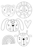 Cute coloring pages indoor activities for kids. Safari animals vector illustration