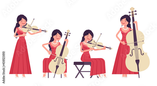 Musician, elegant red evening dress woman playing string bow instruments. Classical music event, concert, wedding party performance. Vector flat style cartoon illustration isolated, white background