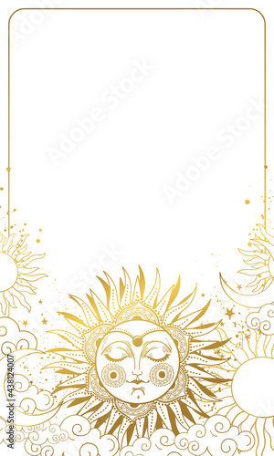 Modern sky background with golden sun with face, astrology and horoscope frame, boho poster with white copy space. Hand drawn vector illustration.