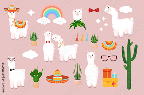 Collection of cute and festive llamas and alpacas on a pink background. Set of decorative elements for your design of postcard, poster, wrapping paper, textiles, patern, scrapbooking.