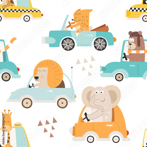 Zoo Animals pattern textile designs. Wallpaper baby fabric vector illustration. Woodland creatures and kids transport on white background.
