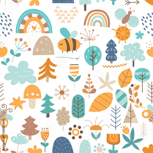 Seamless floral pattern Scandinavian fabric print. Kids nursery wall art woodland vector illustration.