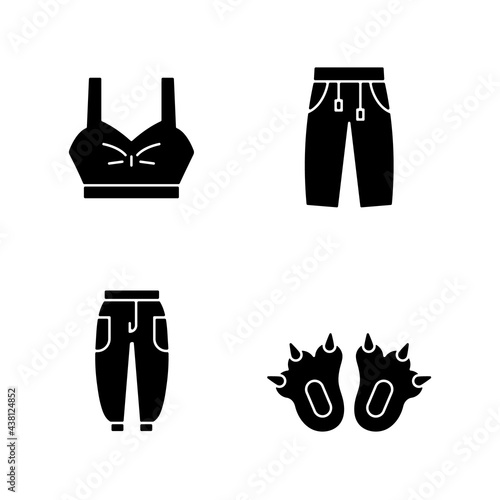 Comfortable clothes for home black glyph icons set on white space. Bra top. Sweatpants for women and men. Comfy joggers. Sleepwear. Silhouette symbols. Vector isolated illustration
