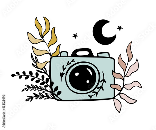 Boho photo camera icon, tattoo, vintage symbol for photographer. Camera with lens and flash. Vector illustration isolated on white background.