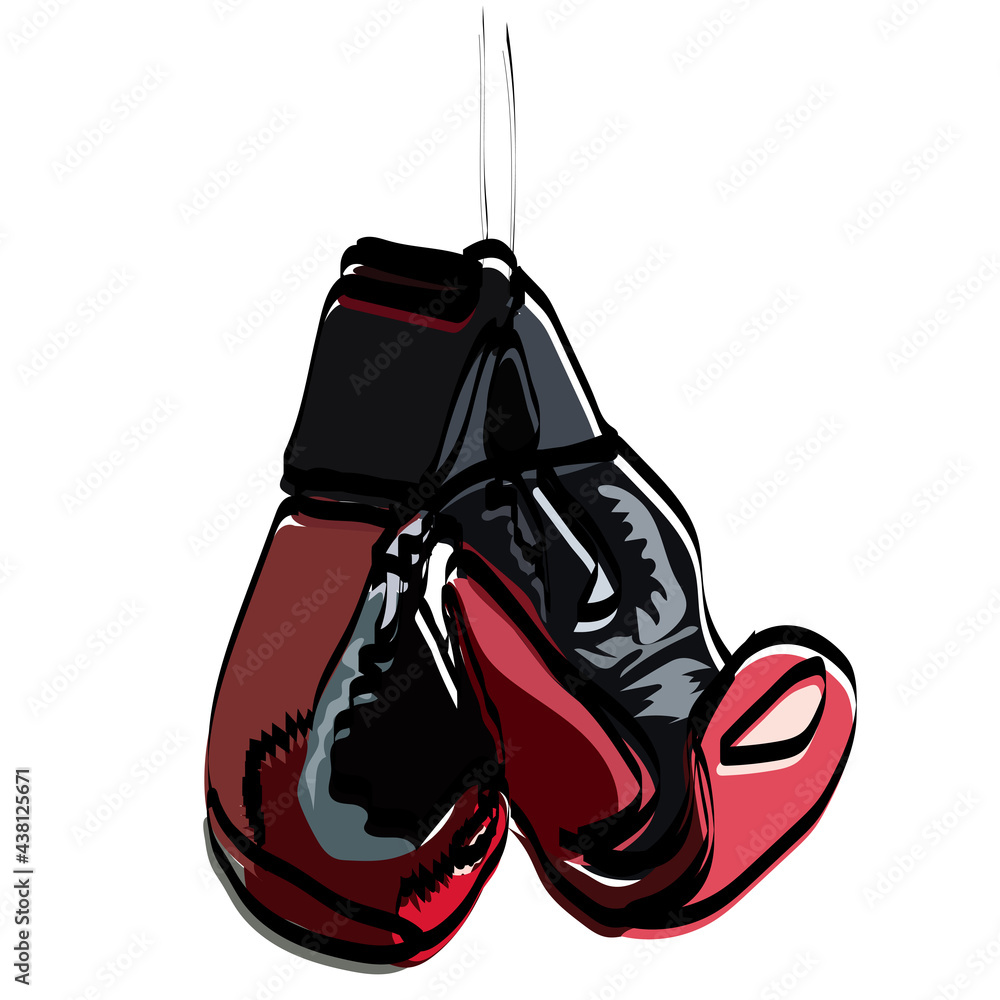 Boxing glove hanging on lace. Realistic red pair of box fist protection equipment. Vector boxer sportswear for punch workout. Symbol of fight, combat, competition and confidence. 3d illustration