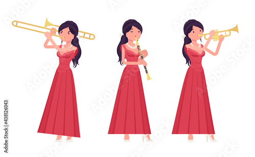Musician, elegant red evening dress woman playing professional wind instruments. Classical music event, concert, party performance. Vector flat style cartoon illustration isolated, white background