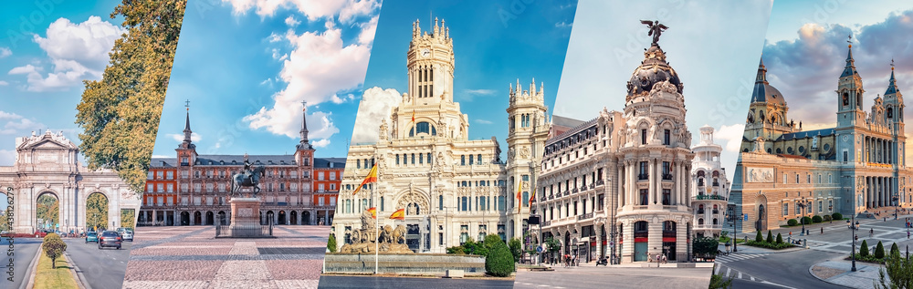 Madrid City, famous landmark collage
