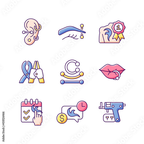 Tattoo and piercing creation RGB color icons set. Isolated vector illustrations. Salon for creating unique body look. Special instruments for professionals simple filled line drawings collection