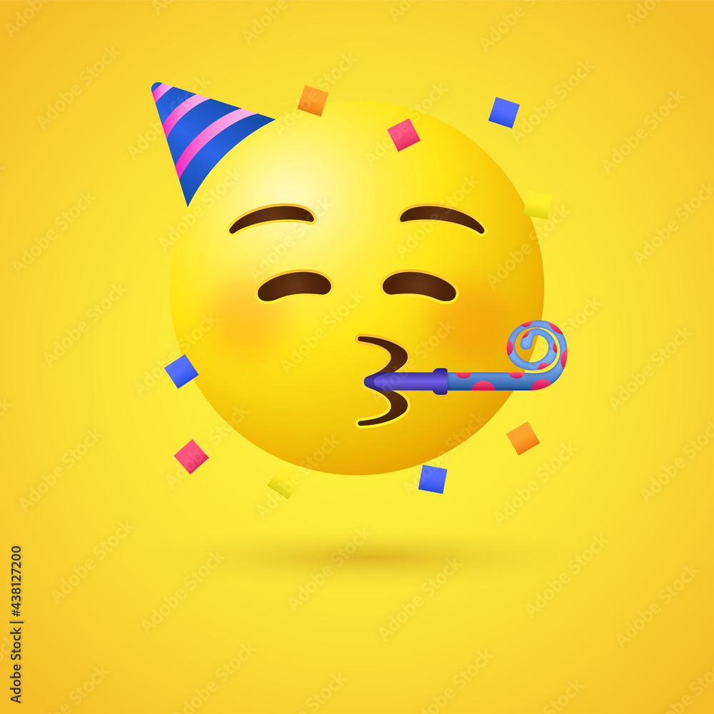 3d Yellow Emoji Face with Party Horn and Party Hat - a celebration emoticon  blowing a Partying hat Stock Vector | Adobe Stock
