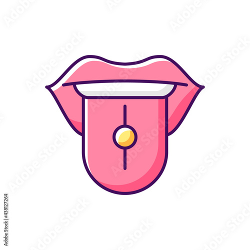 Tongue piercing RGB color icon. Isolated vector illustration. Beautiful jewellery in human mouth. Metal parts injected in human body. Nice looking piercing simple filled line drawing.