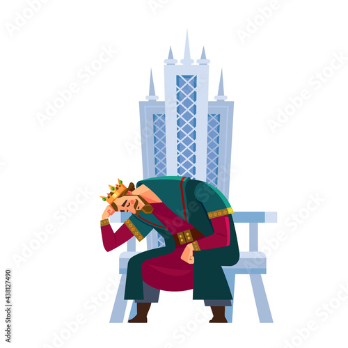 Tired king character sleeps on the throne. Confused, sweaty, exhausted, crumpled, overworked emotion. Emperor, Monarch, ruler of the medieval king. Cartoon flat style vector illustration.