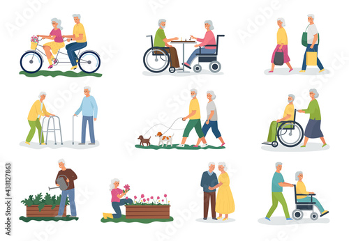 A collection of elderly white-haired people performing various activities. Walking with your pet, cycling, shopping, playing chess, gardening. Disabled pensioners in a wheelchair and with a stick.