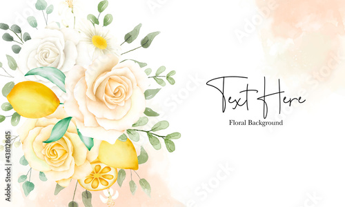 beautiful watercolor floral and leaves with botanical lemon fruit banner background