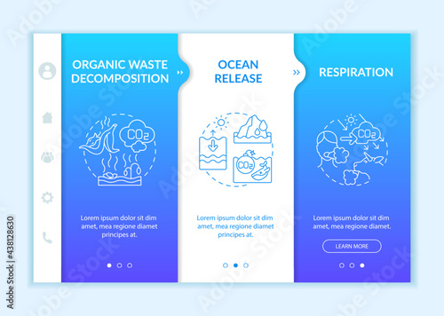 Natural carbon dioxide sources onboarding vector template. Responsive mobile website with icons. Web page walkthrough 3 step screens. Respiration, ocean release color concept with linear illustrations