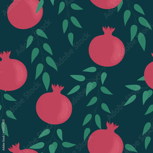 Bright pomegranate on a dark background. Seamless pattern for background, fabric printing, wrapping paper, phone case, wallpaper. Vector illustration