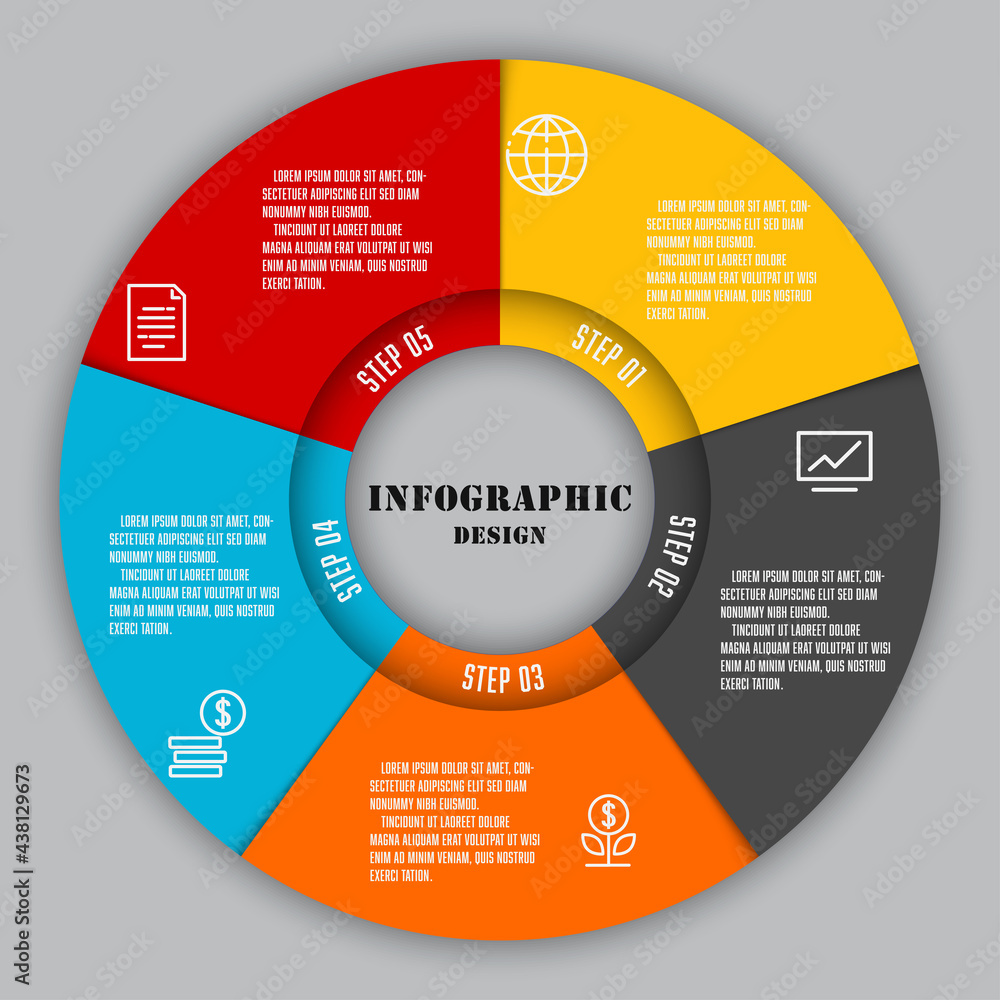 Vector circle business concept with icon 5 step design element for presentation. Vector circle business concept with icon 5 step design element for presentation.