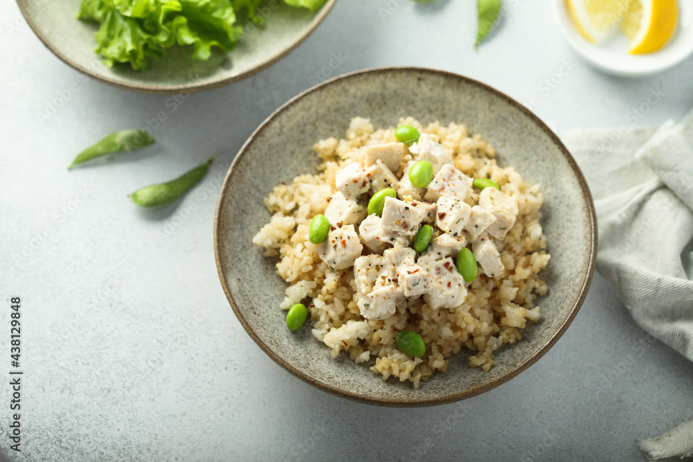 Healthy quinoa bowl with chicken and edamame beans Healthy quinoa bowl with chicken and edamame beans