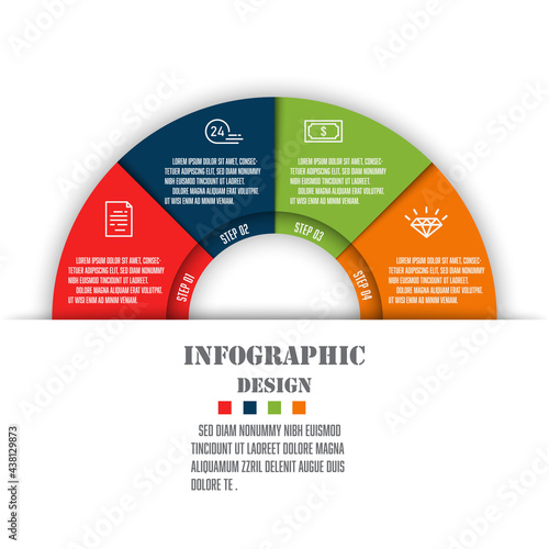 Vector semicircle chart infographic template 4 step for presentation. Business icon design element.