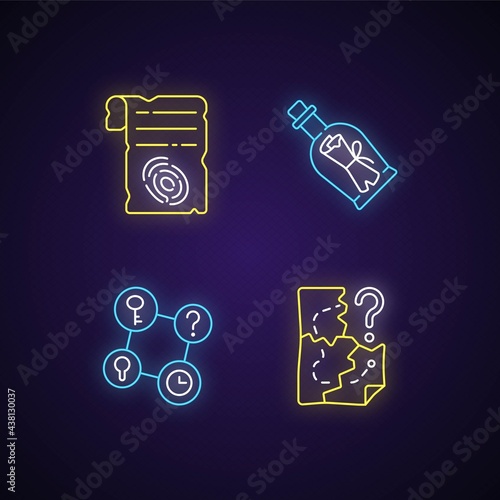 Mystery quest neon light icons set. Paper shit with fingerprint. Message in bottle. Contact facts. Part of mystery quest. Signs with outer glowing effect. Vector isolated RGB color illustrations