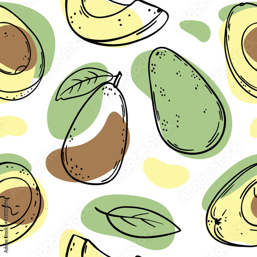 AVOCADO PATTERN Abstract Delicious Tropical Fruit Whole And In Half Slices With Leaves For Paleo Diet In Sketch Style Seamless Background Vector Illustration