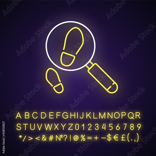 Looking for footsteps neon light icon. Criminal investigation. Detective work. Solving puzzles. Outer glowing effect. Sign with alphabet, numbers and symbols. Vector isolated RGB color illustration