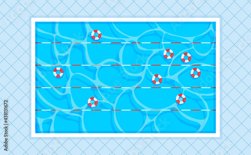 Rectangular swimming pool with lanes and lifebuoys. Square tiles background. Top view. Vector illustration in trendy flat style.