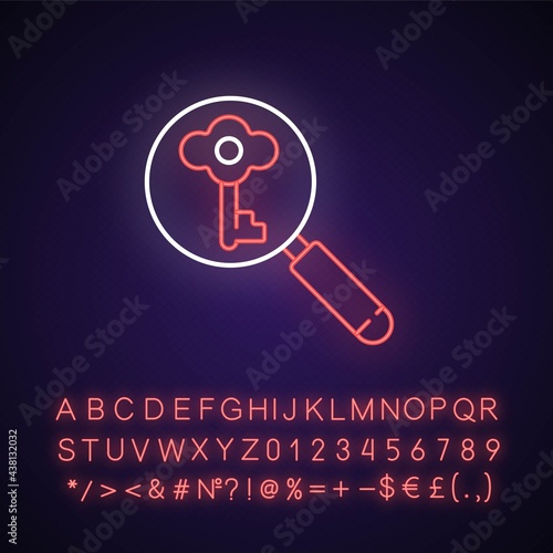 Looking for key neon light icon. Investigating to solve problem. Searching for tips. Outer glowing effect. Sign with alphabet, numbers and symbols. Vector isolated RGB color illustration