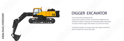 Digger hydraulic excavator with dipper , construction equipment banner, vector illustration