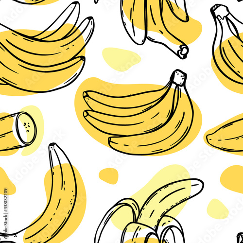 BANANA PATTERN Abstract Ripe Delicious Tropical Fruit Individually Peeled And In A Bunch For Paleo Diet In Sketch Style Seamless Background Vector Illustration