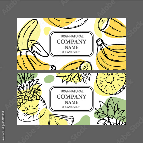 BANANA PINEAPPLE LABELS Design Of Stickers For Shop Of Organic Natural Fresh Fruits Vegetables And Dessert Drink Products In Sketch Style Vector Illustration Set