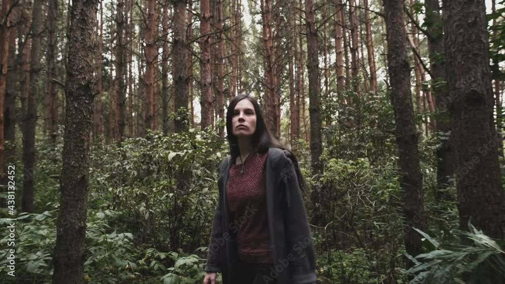 a girl with dark long hair walks in the woods a girl with dark long hair walks in the woods