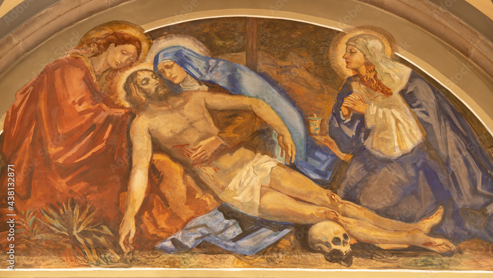 BARCELONA, SPAIN - MARCH 3, 2020: The fresco of Pieta (Deposition) in the church Santuario Nuestra Senora del Sagrado Corazon by Francesc Labarta (1960).