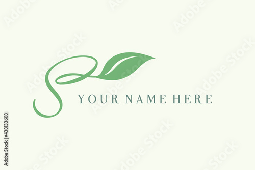 Letter S logo.Typographic icon.Lettering sign isolated on light background.Decorative leaf alphabet initial.Elegant, feminine, eco, natural, fresh food, beauty and spa style.Ornate shape.