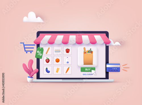 Online Grocery Store shopping concept. Order and Delivery in Online Supermarket. 3D Web Vector Illustrations.