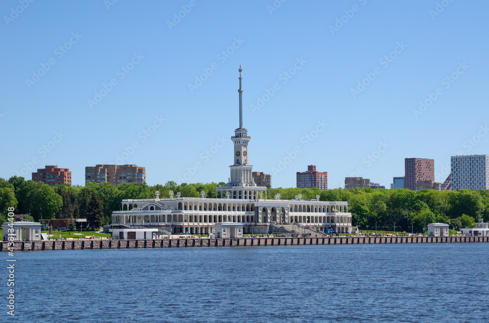 Naklejka premium Moscow, Russia - June 3, 2021: Summer view of the building of the Northern River Station from the side of the channel named after Moscow