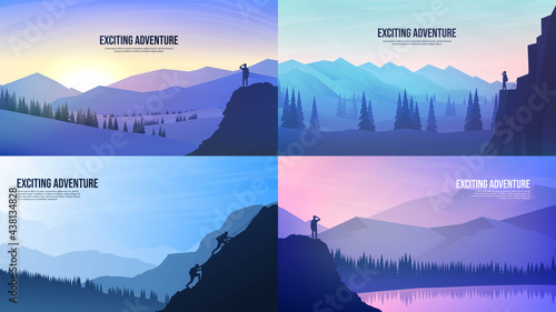 Vector landscapes set. Travel concept of discovering, exploring and observing nature. Hiking. Adventure tourism. The guy watches nature, group of people climbing to cliff. Sunset scene, clear sky