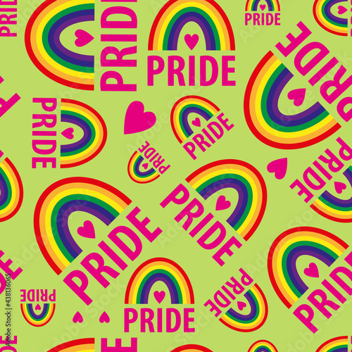 A vector seamless pattern of the words pride. Pride lesbian, gay, bisexual transgender, heart, rainbow on a green background. Symbol of the LGBT community. For fabric, wallpaper, wrapping, websites.