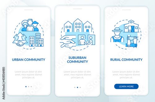 Societies types onboarding mobile app page screen with concepts. City, village community walkthrough 3 steps graphic instructions. UI, UX, GUI vector template with linear color illustrations