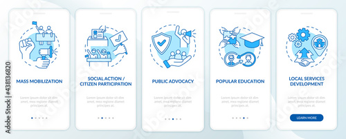 Society change strategies onboarding mobile app page screen with concepts. Popular education walkthrough 5 steps graphic instructions. UI, UX, GUI vector template with linear color illustrations