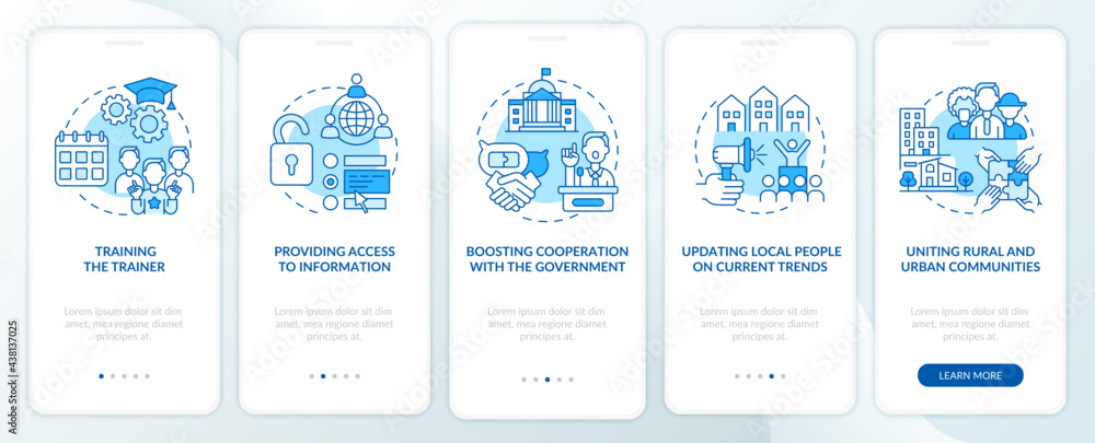 Fototapeta premium Society development onboarding mobile app page screen with concepts. Cooperation with government walkthrough 5 steps graphic instructions. UI, UX, GUI vector template with linear color illustrations