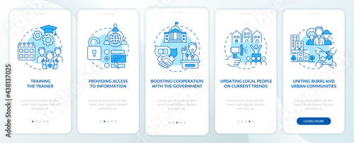 Society development onboarding mobile app page screen with concepts. Cooperation with government walkthrough 5 steps graphic instructions. UI, UX, GUI vector template with linear color illustrations