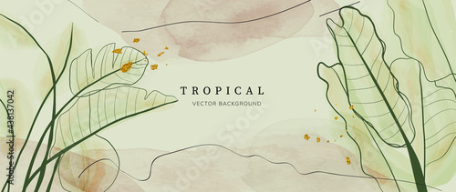Abstract art gold tropical leaves background vector. Luxury wallpaper with watercolor, tropical leaf framed, palm leaf, flower,Vivid foliage, exotic green and gold brush glitter.