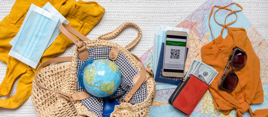 Travel. Online travel plans with Covid passport and Covid test. Traveling after quarantine, lockdown, covid 19. Staycation.local travel new normal.Tourism after border opening, quarantine end