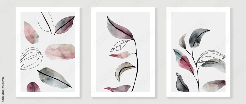Abstract art background vector. Luxury minimal style wall art with botanical leaves line art and watercolor. Vector background for banner, poster, cover, card, invitation and prints.